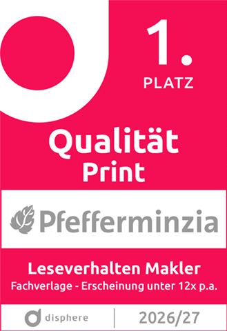 Erste Platzierung f r Qualit t Print in der Kategorie Leseverhalten Makler Fachverlage mit dem Label Pfefferminzia und dem Zeitraum 2026/27. Beschreibung von KI generiert