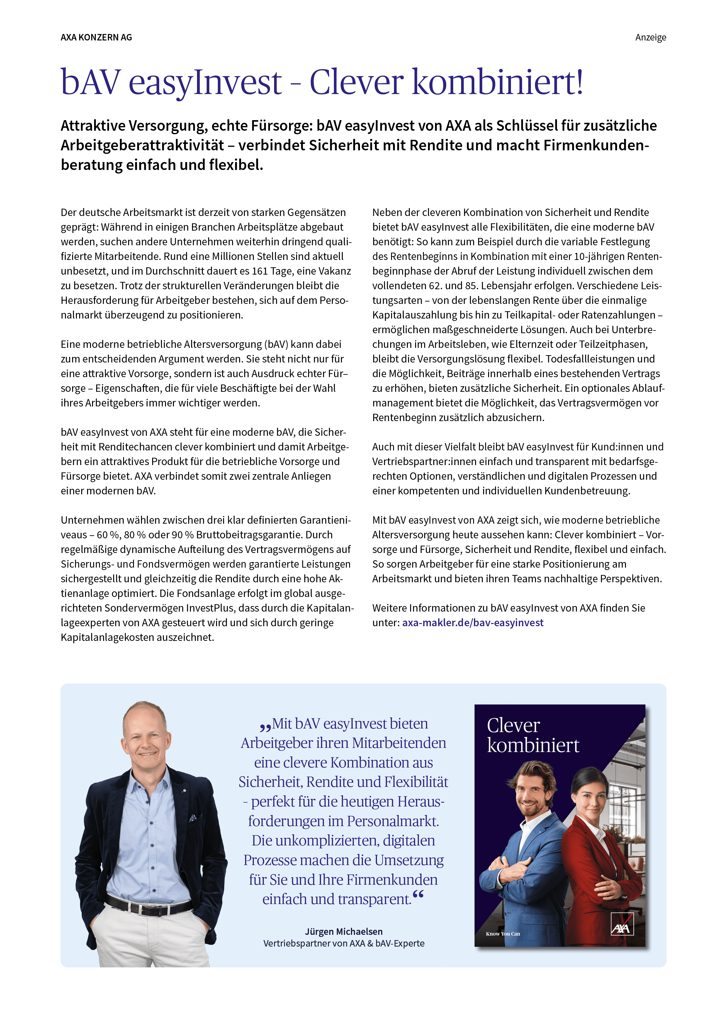 Ein zweispaltiger Werbetext in deutscher Sprache mit dem Titel bAV easyInvest Clever kombiniert und zwei Fotos von l chelnden Erwachsenen in Businesskleidung, die f r eine betriebliche Altersvorsorge werben. Beschreibung von KI generiert