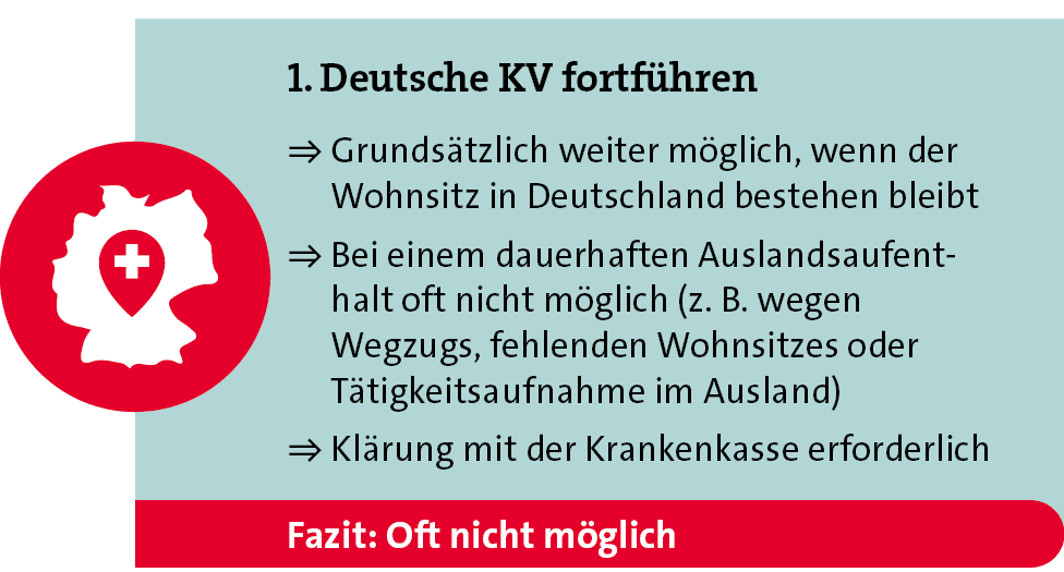 1. Deutsche KV fortf hren = Grunds tzlich weiter m glich, wenn der Wohnsitz in Deutschland bestehen bleibt =  Bei ei...