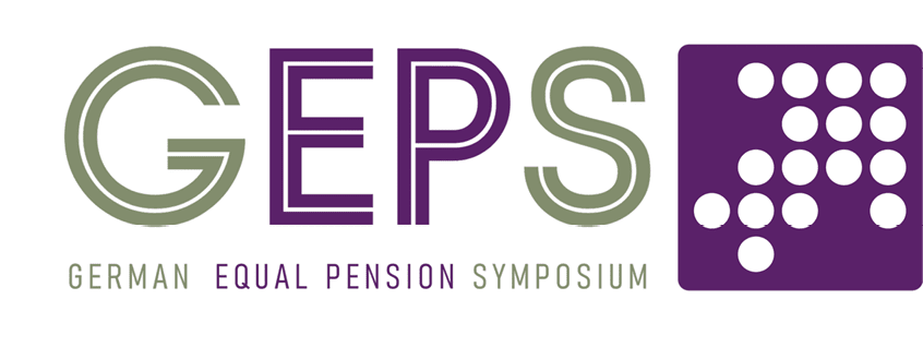 Logo des German Equal Pension Symposium mit stilisierten Buchstaben und einem Pfeil aus Punkten. Beschreibung von KI generiert