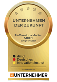 Goldfarbene Auszeichnung mit der Aufschrift Unternehmen der Zukunft f r Pfefferminzia Medien GmbH g ltig bis 02/2017, vergeben vom Deutschen Innovationsinstitut in Kooperation mit Unternehmer. Beschreibung von KI generiert