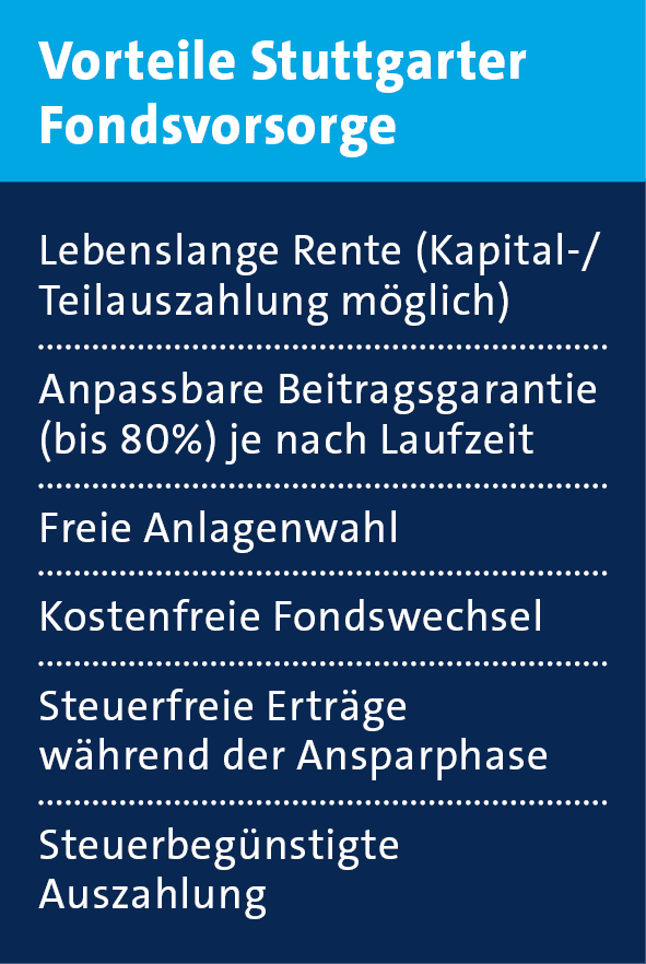 Vorteile Stuttgarter Fondsvorsorge ,Lebenslange Rente (Kapital /Teilauszahlung m glich) Anpassbare Beitragsgarantie (...