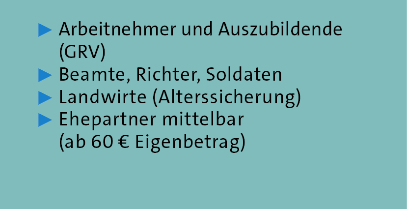 ▶ Arbeitnehmer und Auszubildende (GRV) ▶ Beamte, Richter, Soldaten ▶ Landwirte (Alterssicherung) ▶ Ehepartner mittelb...